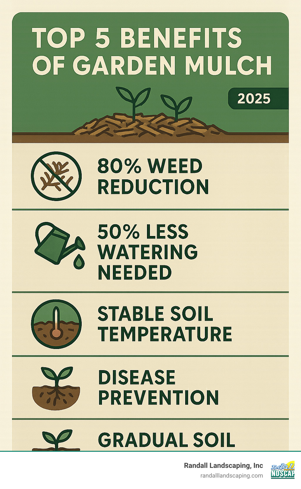 Infographic showing the top 5 benefits of garden mulch: 80% weed reduction, 50% less watering needed, stable soil temperature, disease prevention through soil barrier, and gradual soil enrichment through decomposition - best mulch for vegetable garden infographic Infographic showing the top 5 benefits of garden mulch: 80% weed reduction, 50% less watering needed, stable soil temperature, disease prevention through soil barrier, and gradual soil enrichment through decomposition - best mulch for vegetable garden infographic