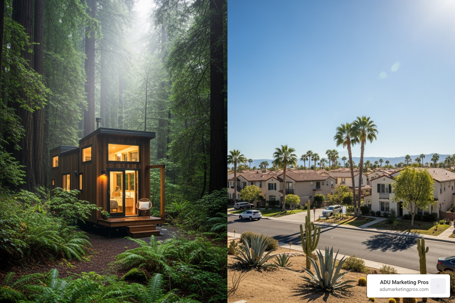 split-screen showing a lush, forested Northern California tiny home setting versus a sunny, desert-like Southern California community - tiny home communities in california split-screen showing a lush, forested Northern California tiny home setting versus a sunny, desert-like Southern California community - tiny home communities in california