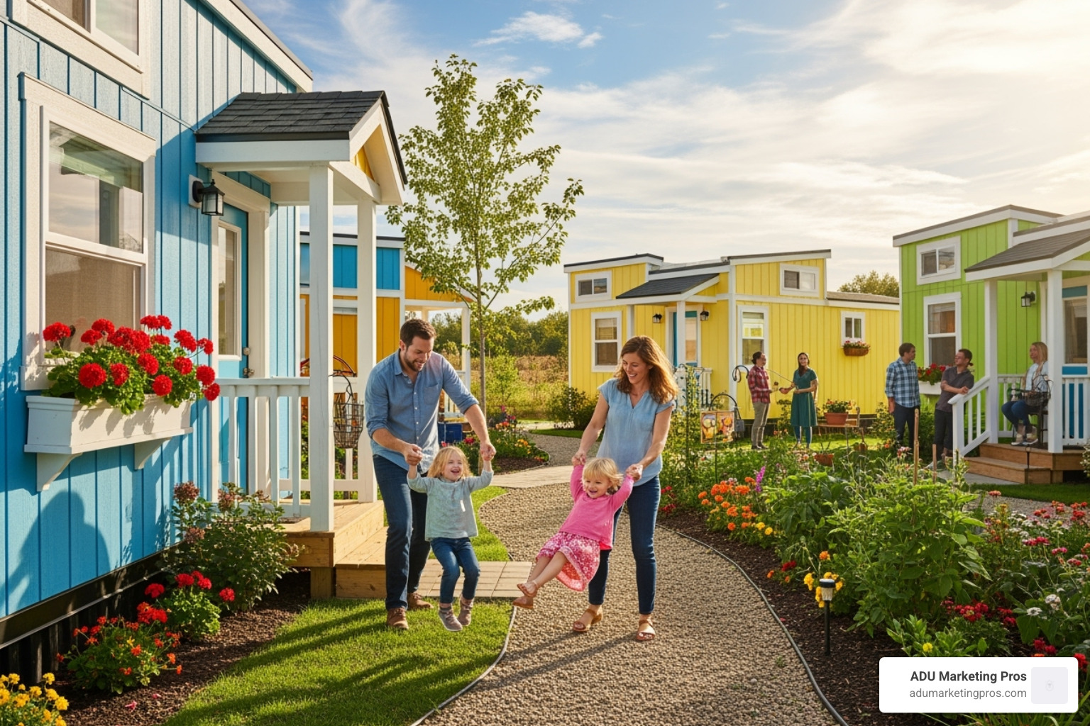 family playing outside their tiny home in a vibrant community setting - tiny home communities in california family playing outside their tiny home in a vibrant community setting - tiny home communities in california