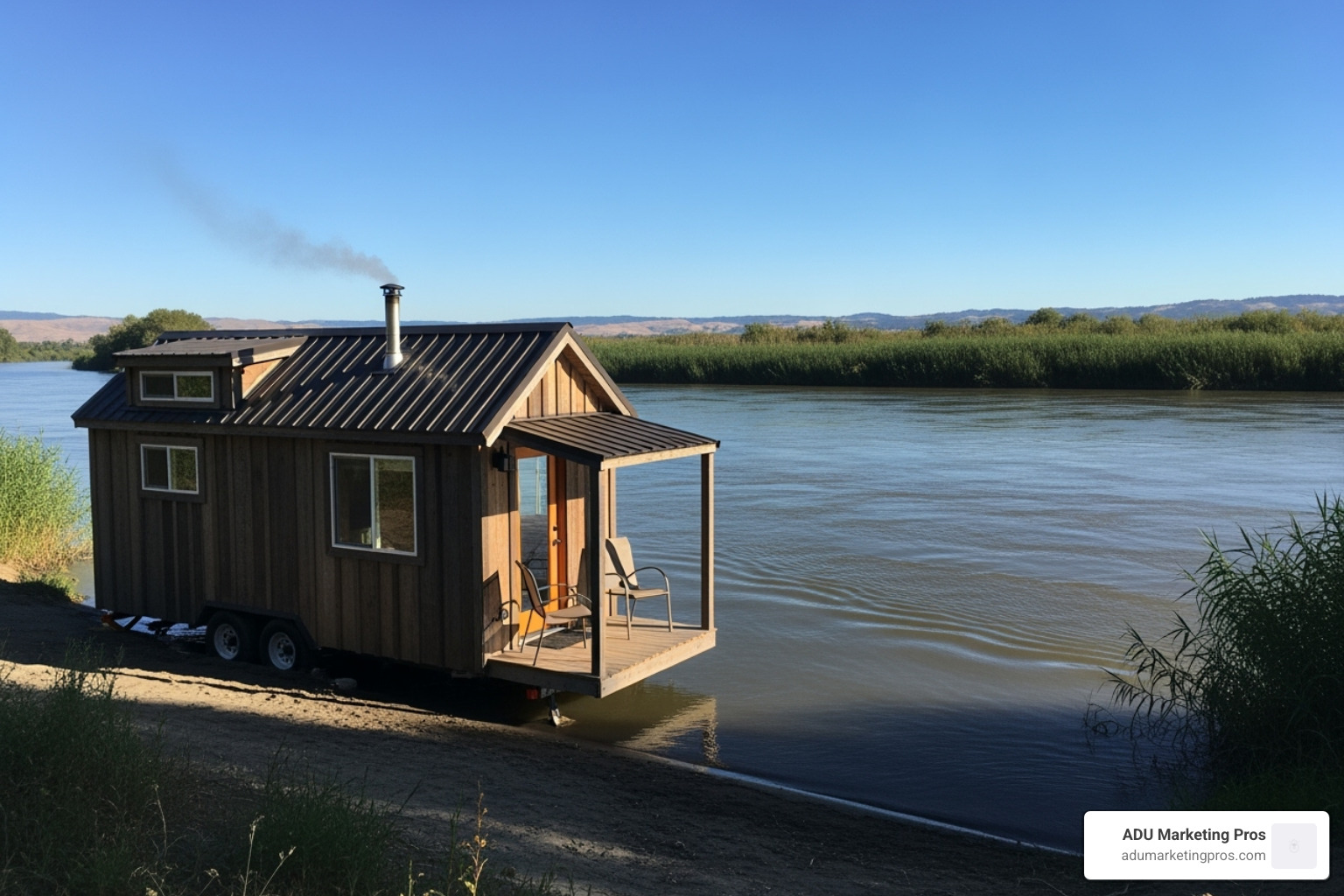 tiny home at Park Delta Bay with the San Joaquin River in the background - tiny home communities in california tiny home at Park Delta Bay with the San Joaquin River in the background - tiny home communities in california