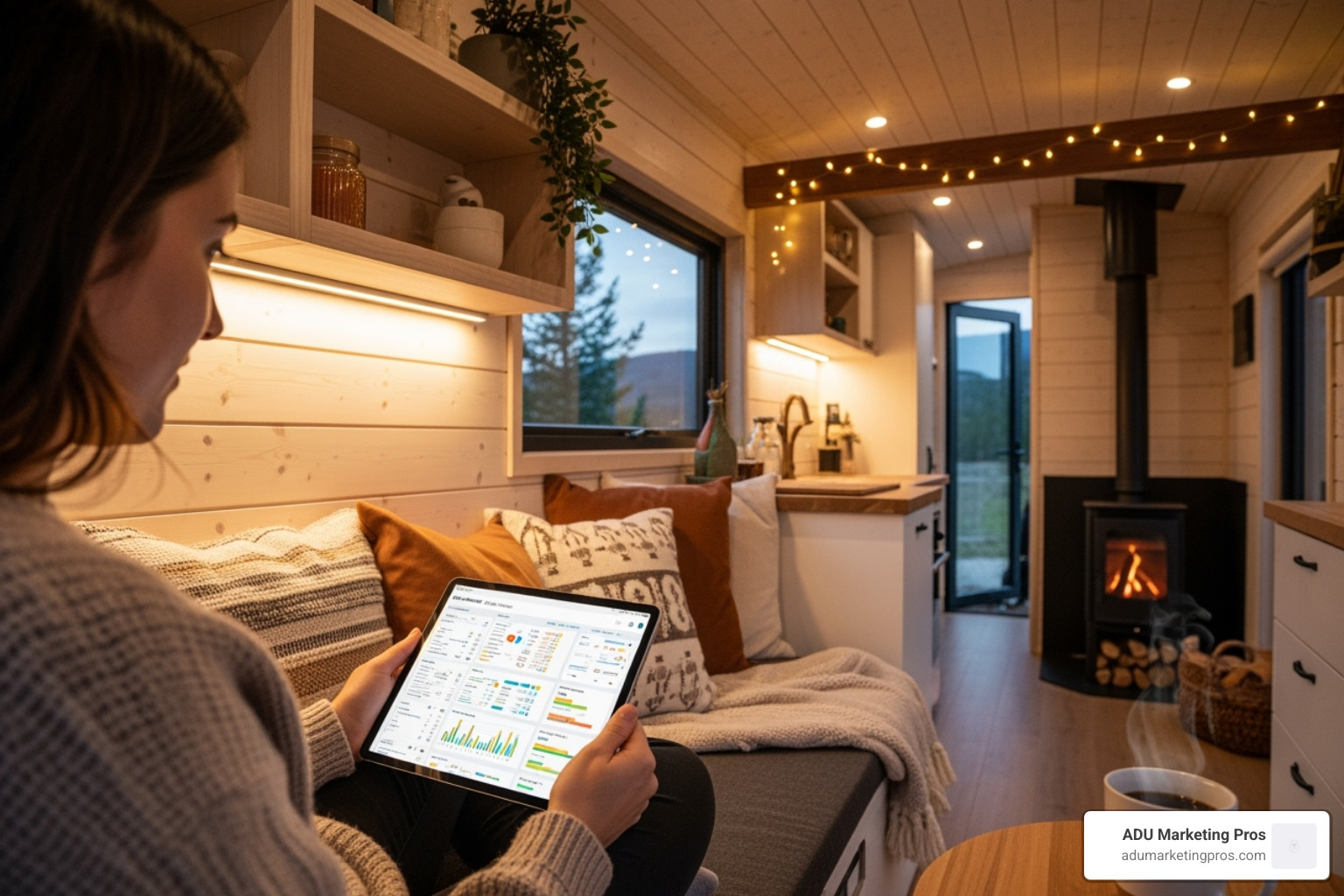person reviewing a budget on a tablet inside a cozy tiny home - tiny home communities in california person reviewing a budget on a tablet inside a cozy tiny home - tiny home communities in california
