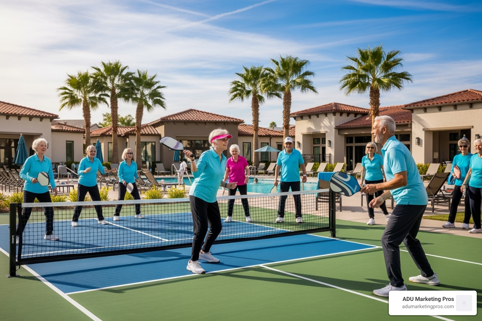 active seniors enjoying an outdoor amenity like a pickleball court or pool in a 55+ community - tiny home communities in california active seniors enjoying an outdoor amenity like a pickleball court or pool in a 55+ community - tiny home communities in california