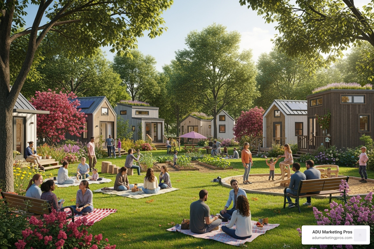 residents socializing in a communal green space within a tiny home community - tiny home communities in california residents socializing in a communal green space within a tiny home community - tiny home communities in california
