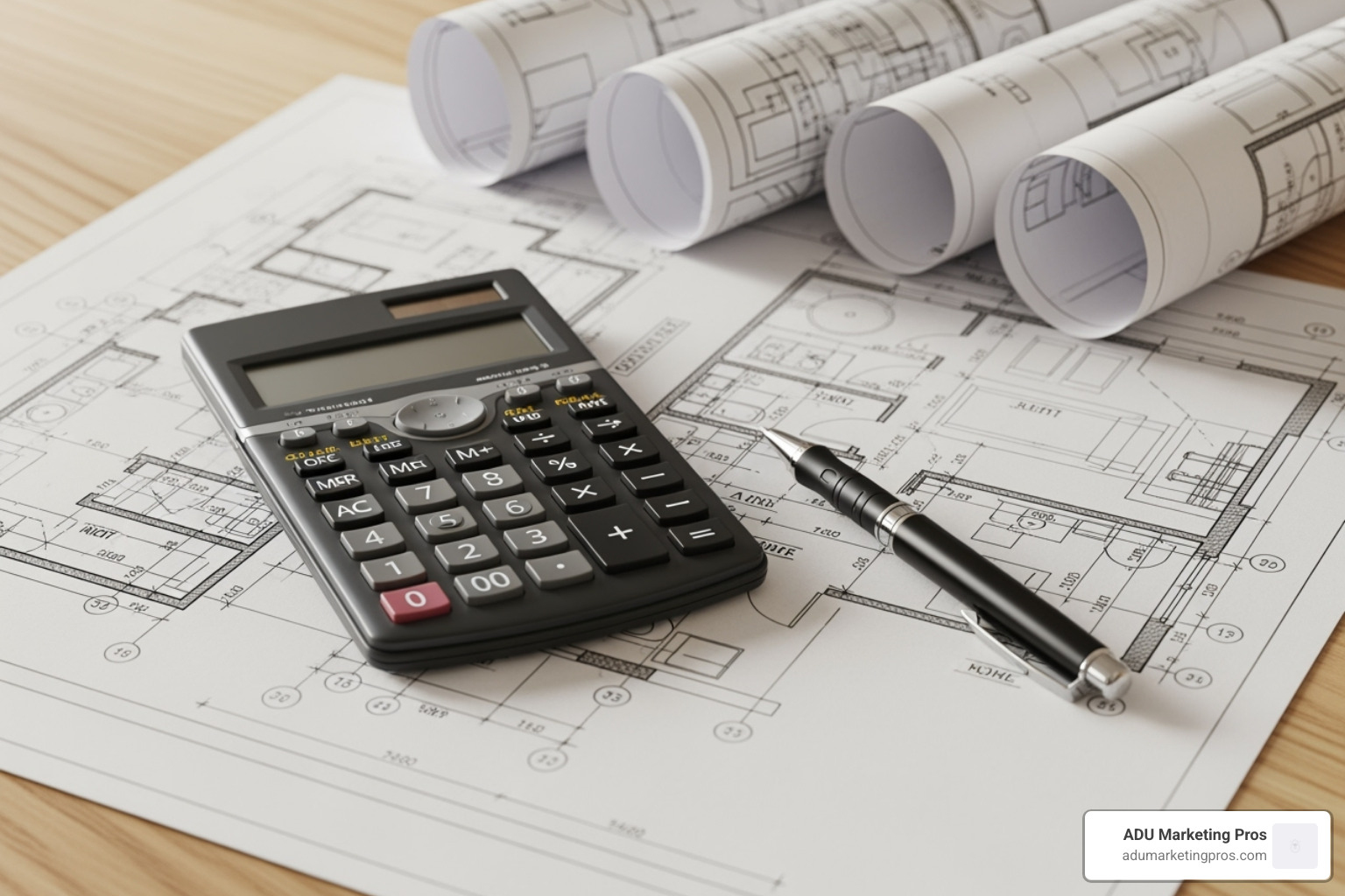 A calculator and a pen on top of tiny house floor plans. - tiny homes california