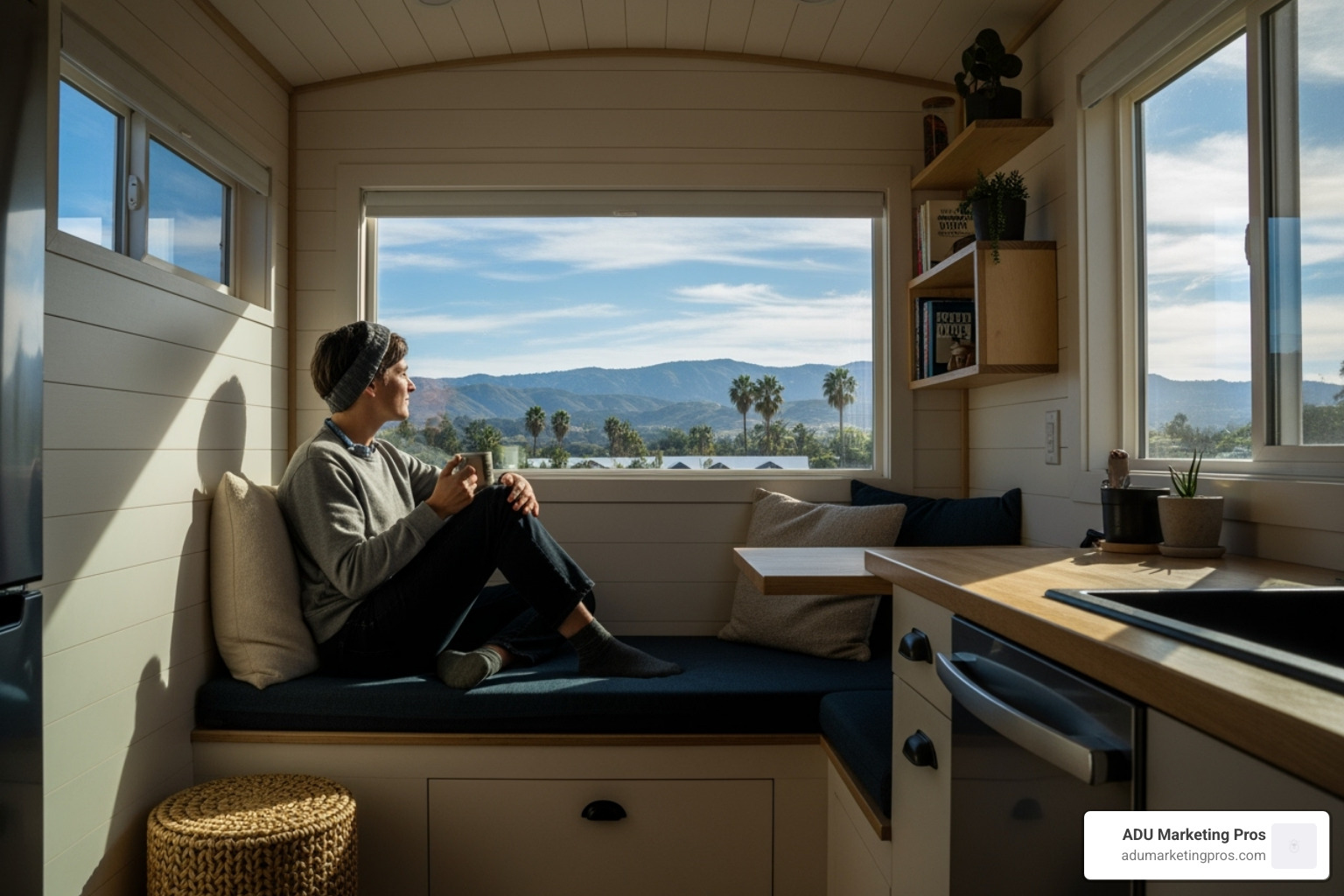 A person enjoying a minimalist, organized interior of a tiny home with large windows showing a sunny California view. - tiny homes california