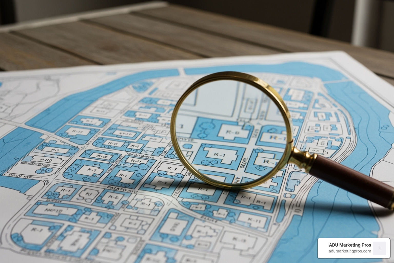 A blueprint or zoning map with a magnifying glass over a residential area in California. - tiny homes california