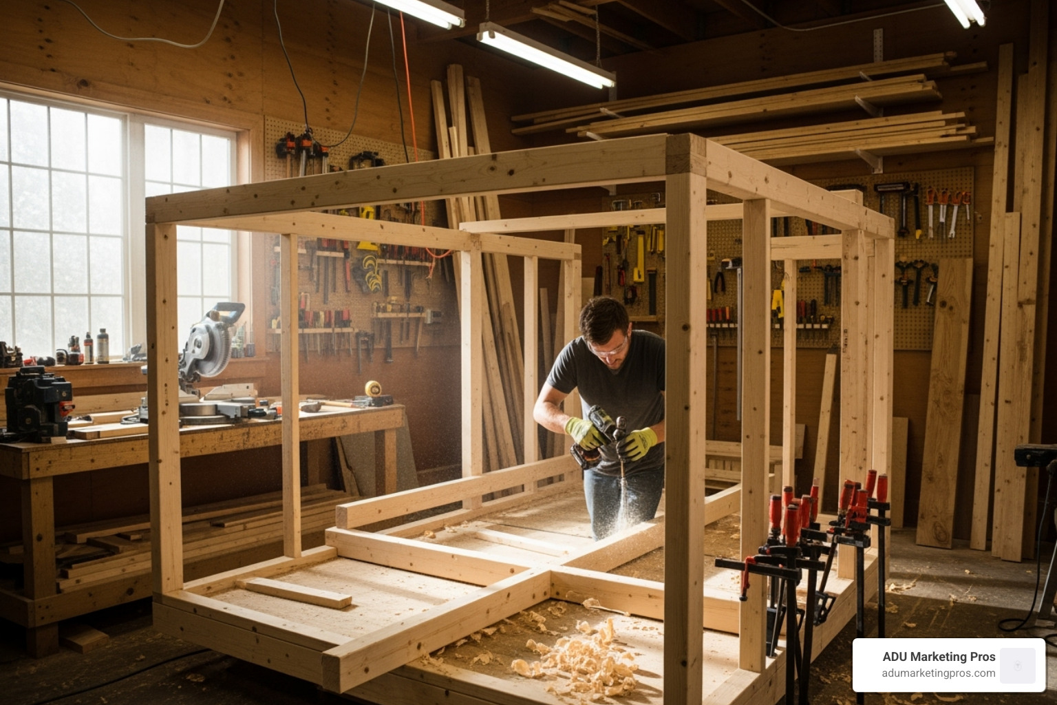 A craftsman working on the frame of a tiny home in a workshop. - tiny homes california
