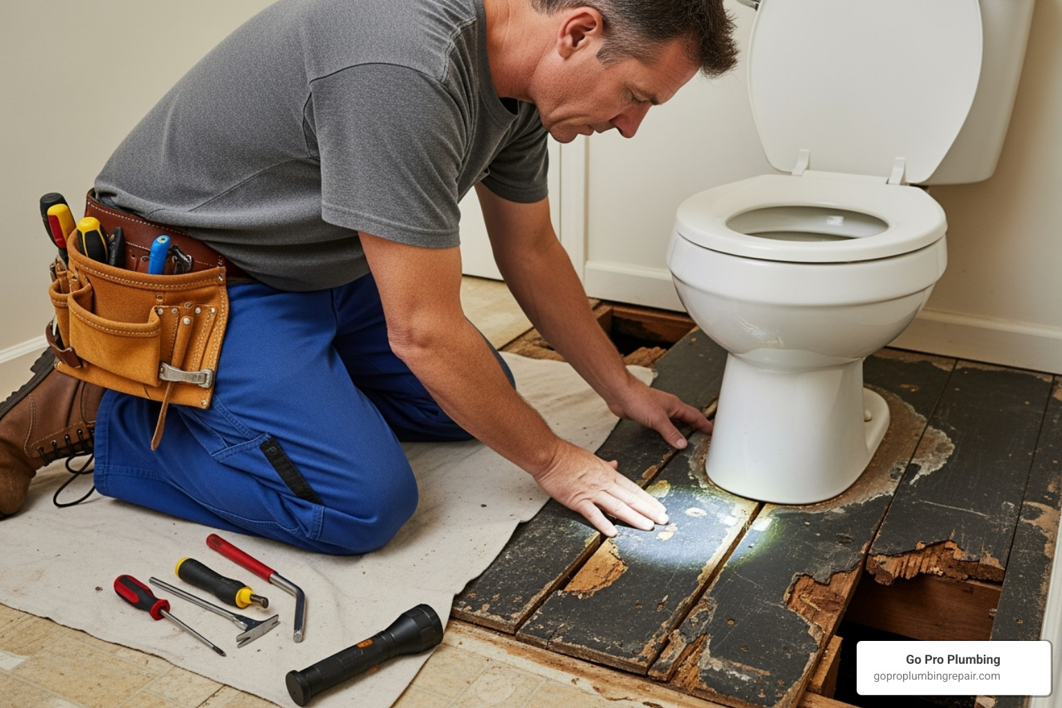 plumber inspecting damaged subfloor - how much does installing a toilet cost