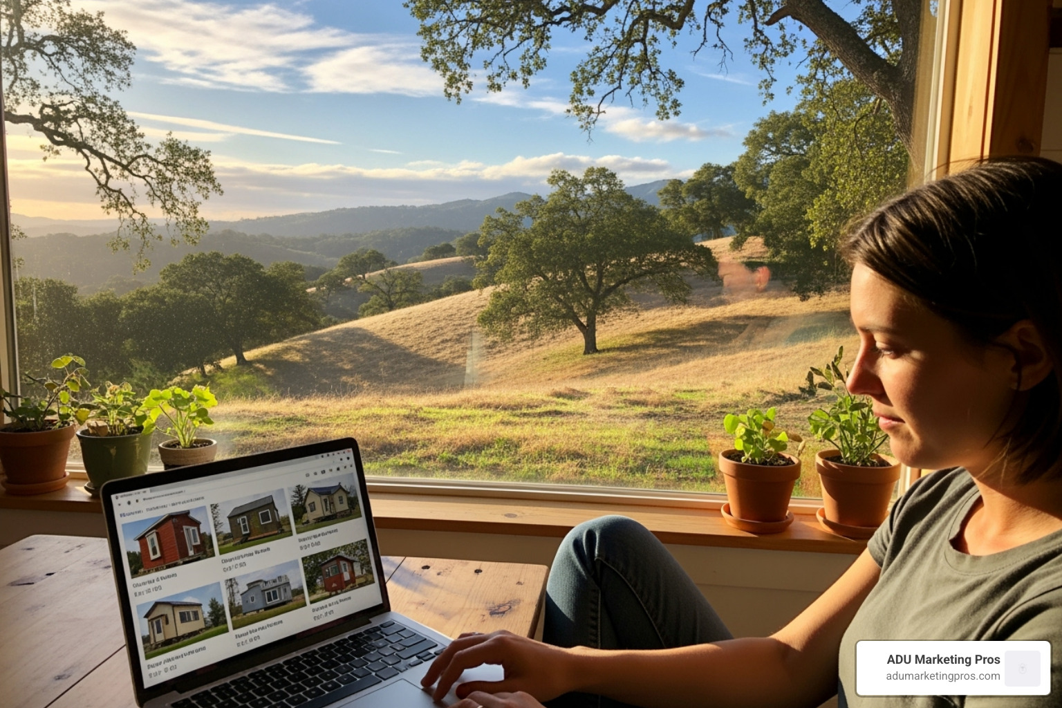 person browsing tiny home listings on a laptop, with a sun-drenched California landscape visible through a window behind them. - tiny homes for sale in california