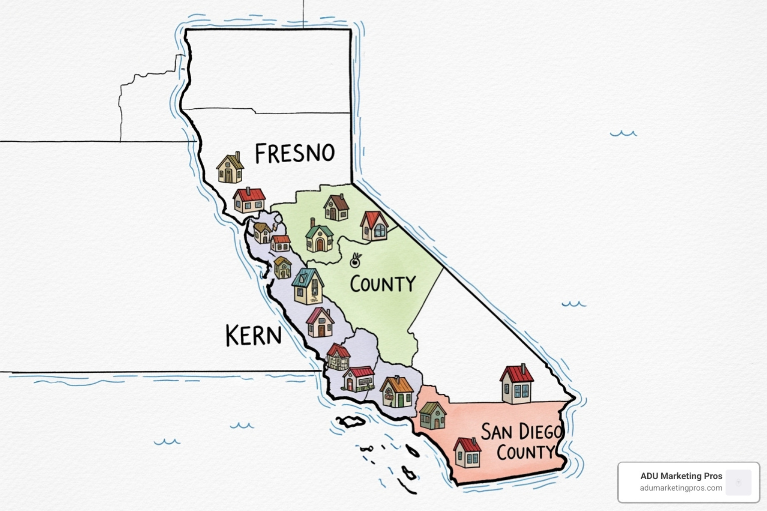 stylized map of California highlighting tiny-home-friendly counties like Fresno, San Diego, and Kern with small icons representing tiny houses. - tiny homes for sale in california
