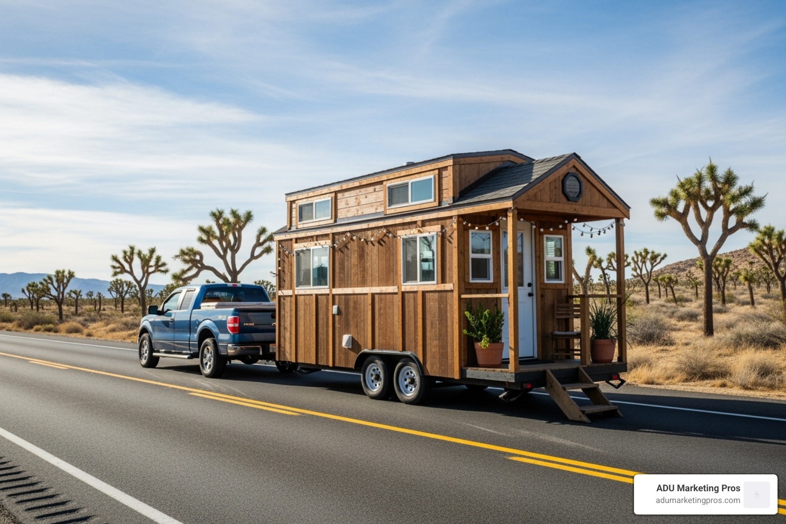 classic Tiny Home on Wheels (THOW) being towed down a scenic California highway, with Joshua Trees in the background. - tiny homes for sale in california