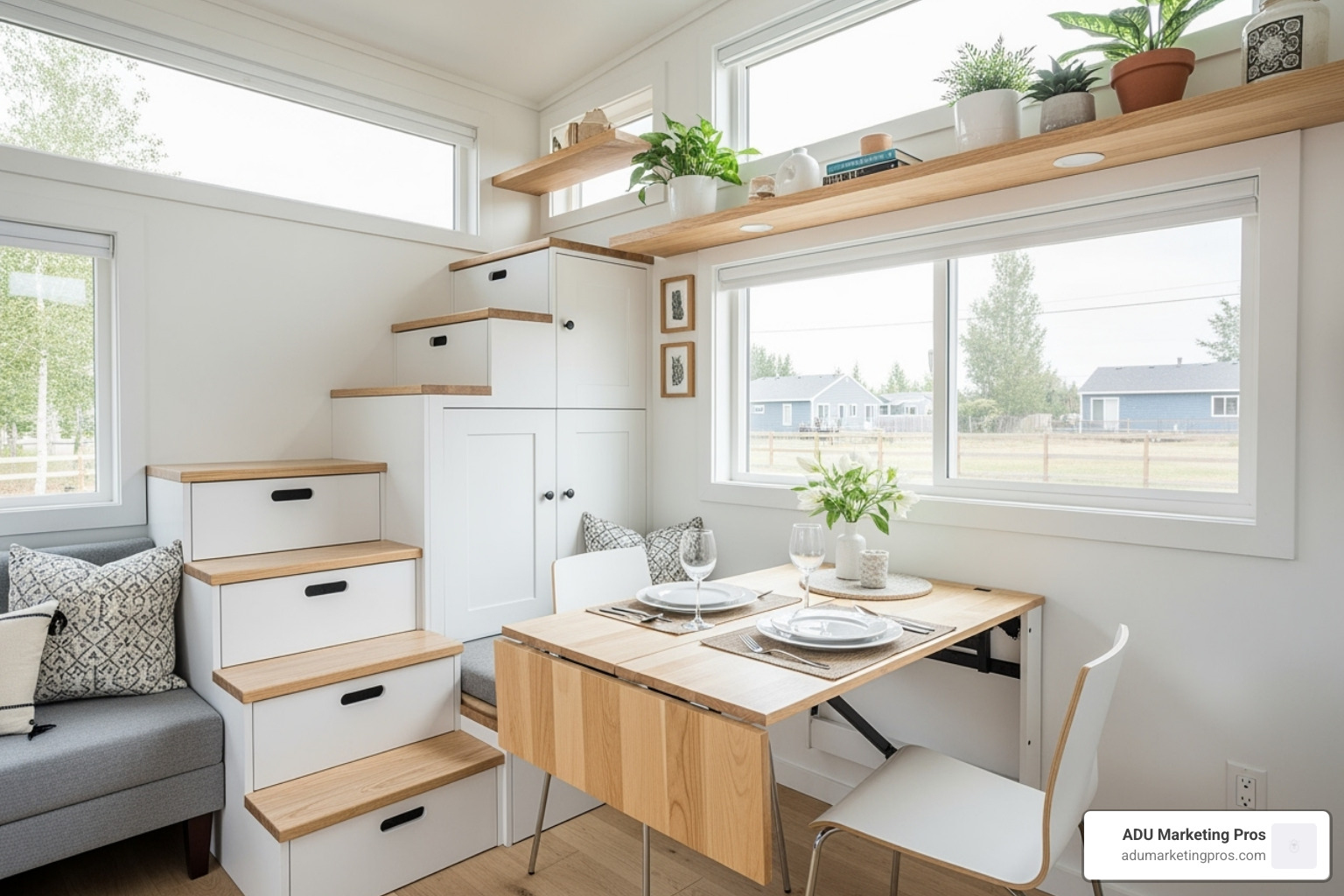 bright and airy tiny home interior, showcasing smart storage solutions like staircase drawers and a multi-functional fold-down dining table. - tiny homes for sale in california