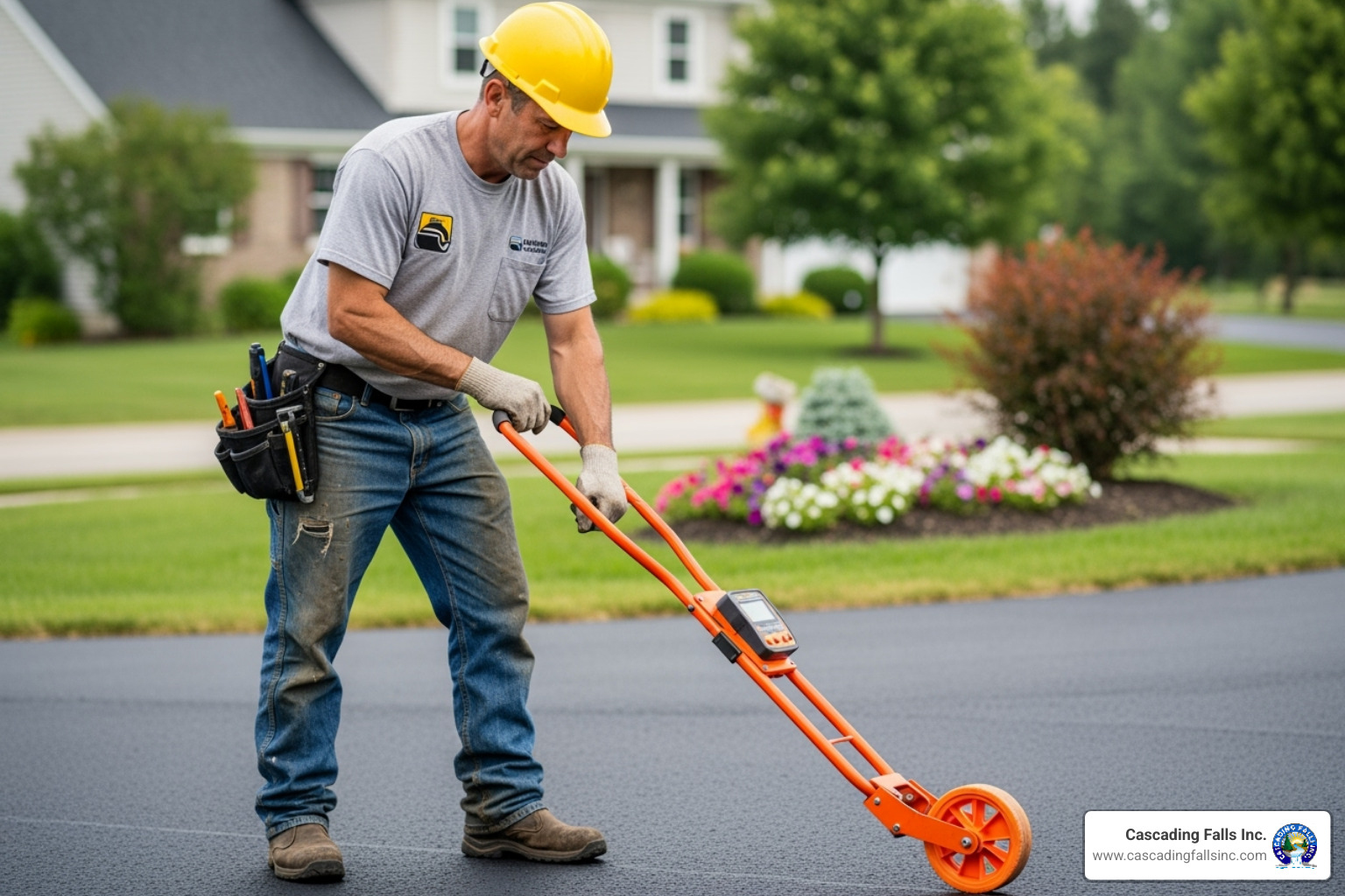 a paving contractor using a measuring wheel on a residential driveway - cost of replacing asphalt driveway a paving contractor using a measuring wheel on a residential driveway - cost of replacing asphalt driveway