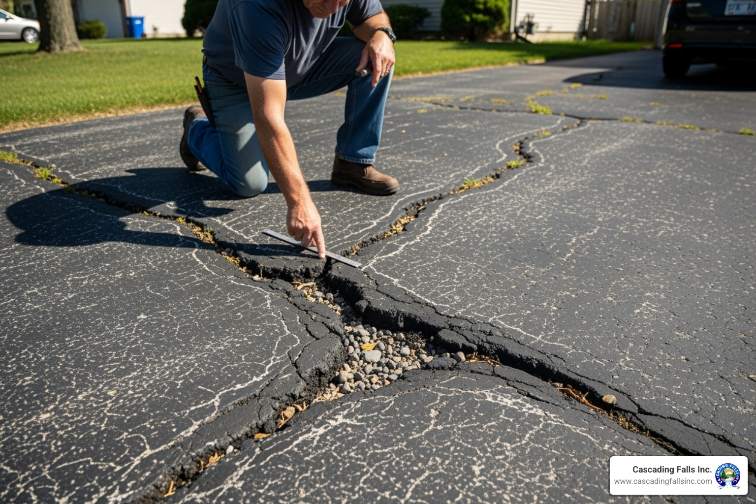 a homeowner inspecting large cracks in their driveway - cost of replacing asphalt driveway a homeowner inspecting large cracks in their driveway - cost of replacing asphalt driveway