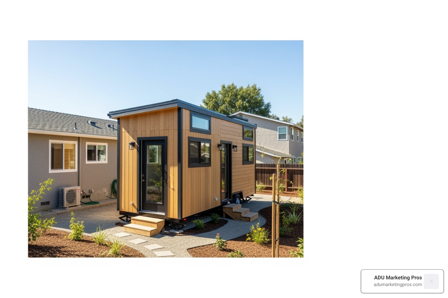 A tiny house on wheels being legally parked in a residential backyard, illustrating its use as an ADU - tiny house movement california