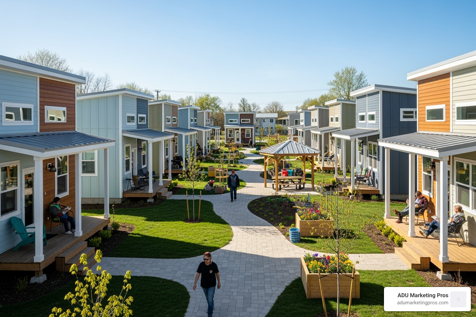 A clean, organized tiny home village designed as transitional housing for the homeless - tiny house movement california
