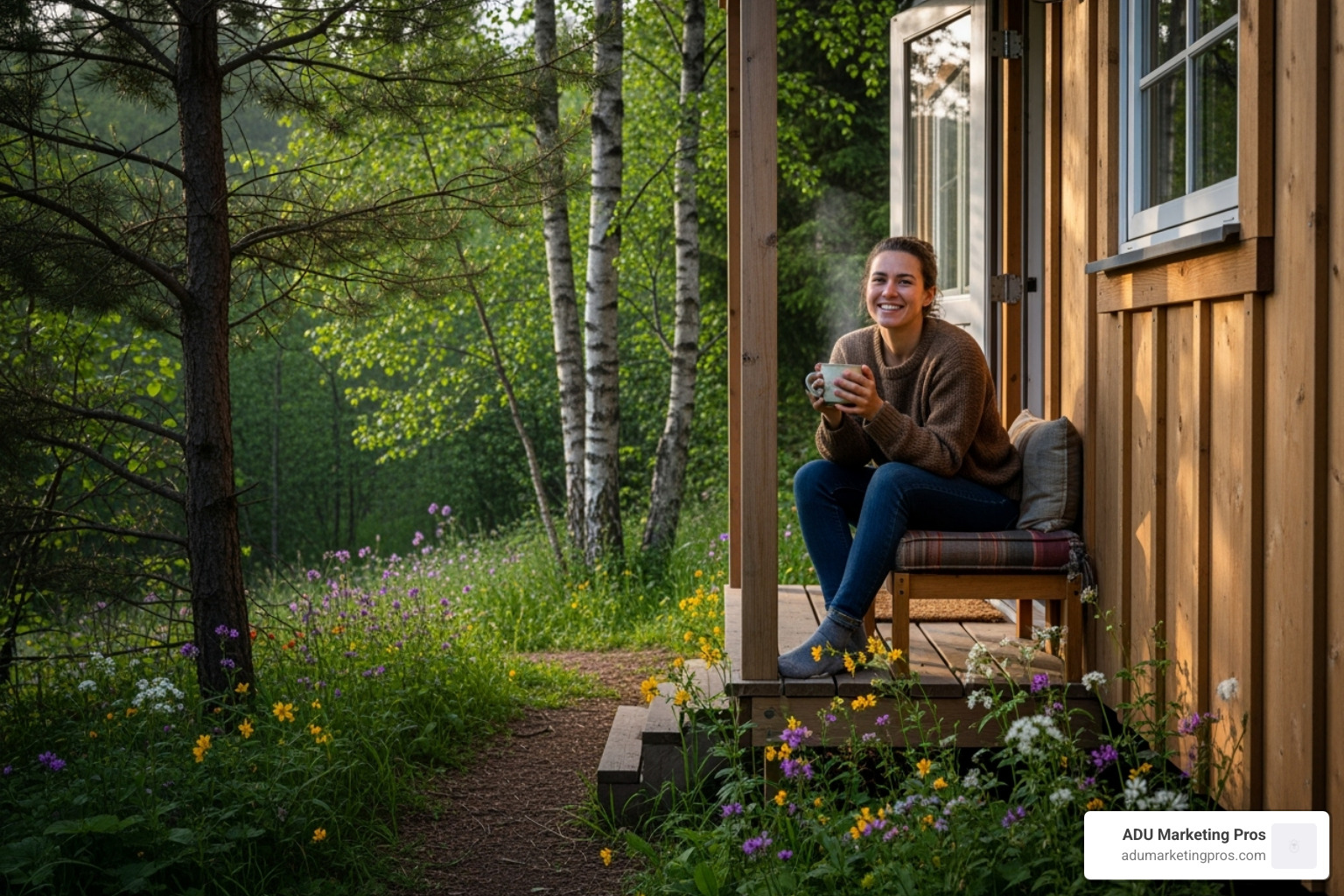 A person enjoying a cup of coffee on the small porch of their tiny home, surrounded by nature - tiny house movement california