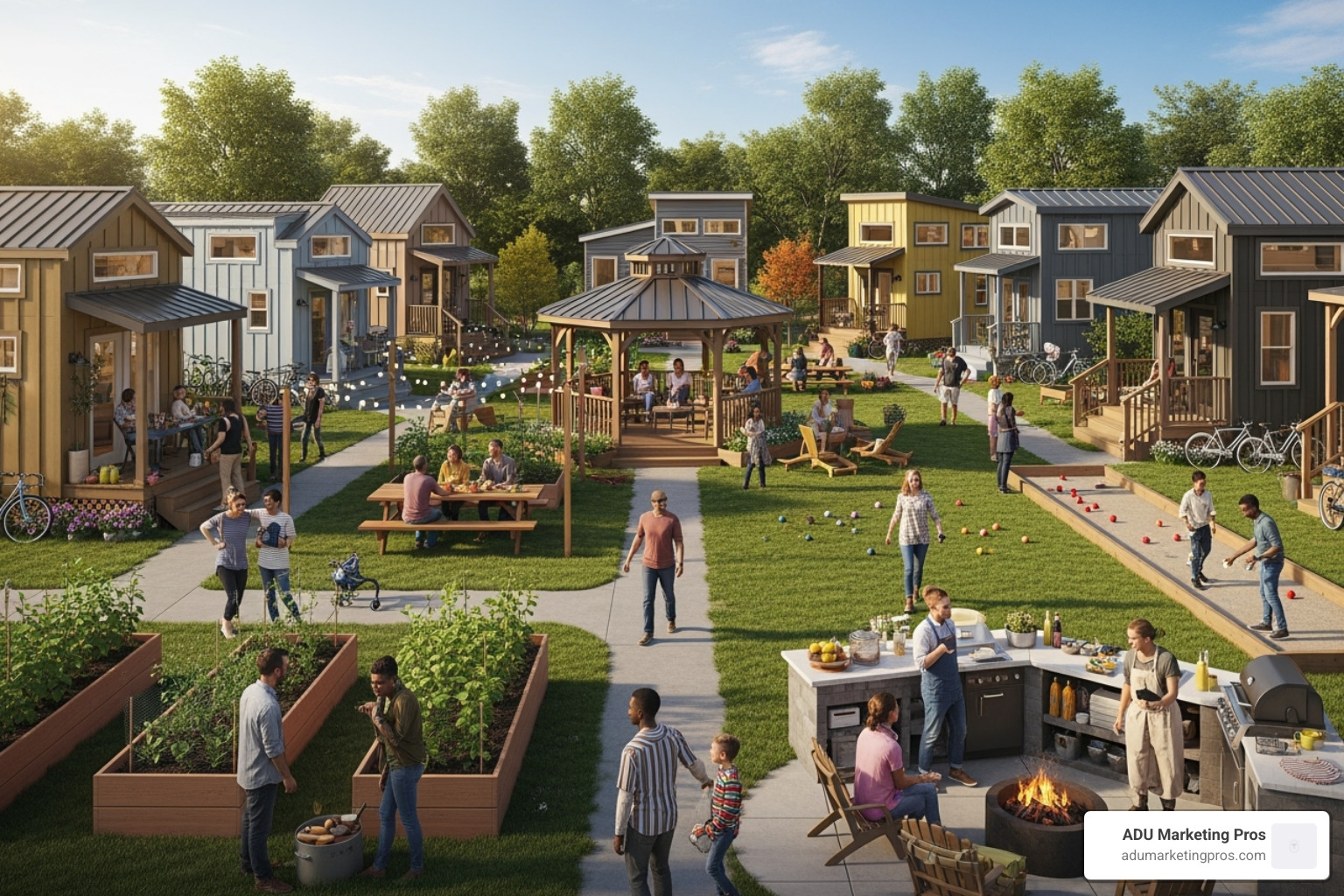 A vibrant, well-designed tiny house community with residents interacting outdoors - tiny house movement california