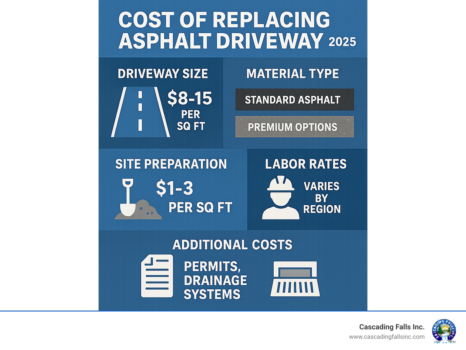 Infographic showing asphalt driveway replacement cost factors including driveway size at $8-15 per square foot, material type with standard asphalt versus premium options, site preparation costs of $1-3 per square foot, labor rates varying by region, and additional costs like permits and drainage systems - cost of replacing asphalt driveway infographic  Infographic showing asphalt driveway replacement cost factors including driveway size at $8-15 per square foot, material type with standard asphalt versus premium options, site preparation costs of $1-3 per square foot, labor rates varying by region, and additional costs like permits and drainage systems - cost of replacing asphalt driveway infographic