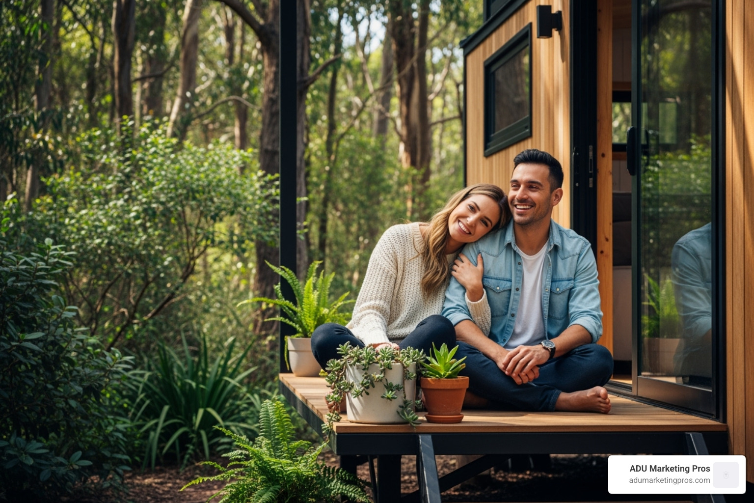 happy couple on tiny house porch - tiny house for sale sf bay area happy couple on tiny house porch - tiny house for sale sf bay area