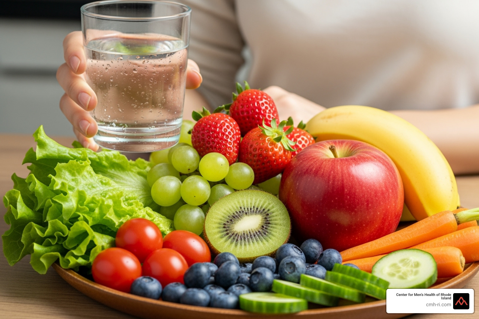 A person's hands holding a glass of water and a plate of fresh fruits and vegetables, symbolizing healthy lifestyle choices. - enlarged prostate