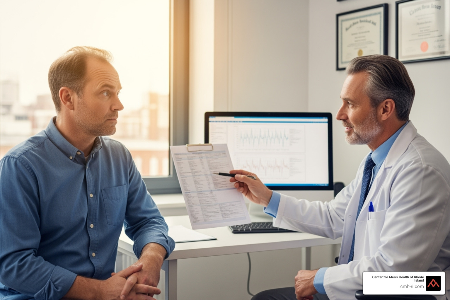 A male patient sitting in a doctor's office, looking concerned, while the doctor, a male, sits opposite him and explains something from a chart. - enlarged prostate