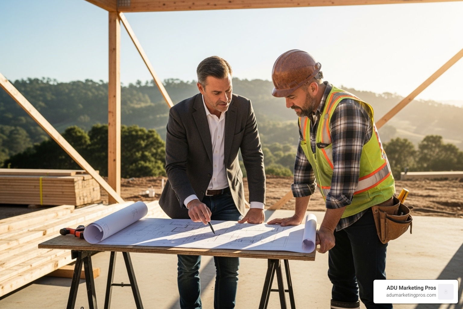 A homeowner and a builder reviewing blueprints together on a sunlit Bay Area construction site, with visible collaboration and trust. - tiny house builders in sf bay area A homeowner and a builder reviewing blueprints together on a sunlit Bay Area construction site, with visible collaboration and trust. - tiny house builders in sf bay area