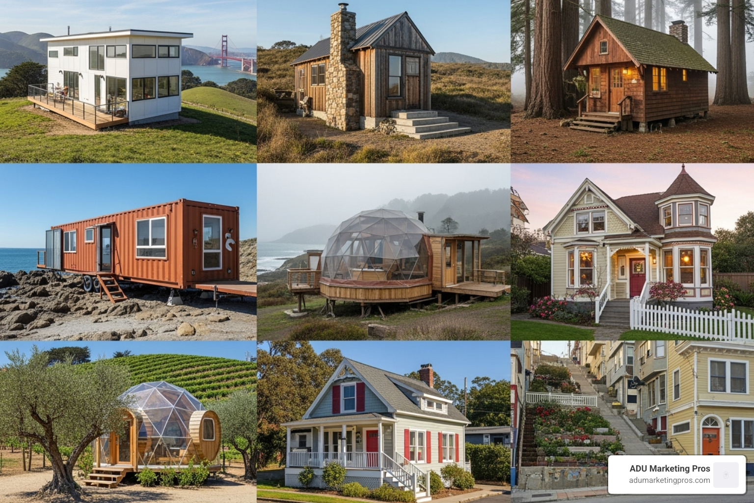 A collage of completed tiny homes in the Bay Area, showcasing a range of styles—modern, rustic, and Victorian-inspired—set in local landscapes. - tiny house builders in sf bay area A collage of completed tiny homes in the Bay Area, showcasing a range of styles—modern, rustic, and Victorian-inspired—set in local landscapes. - tiny house builders in sf bay area