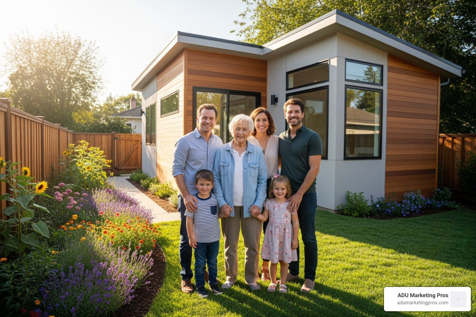a smiling family standing in front of their newly completed ADU, which is being used as a home for an elderly parent. - accessory dwelling unit leads