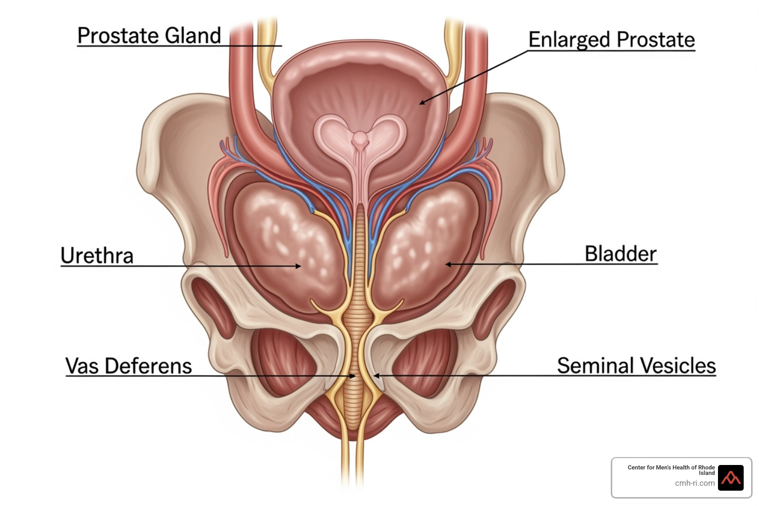 A diagram illustrating the male urinary system, showing the bladder, prostate gland, and urethra. Arrows indicate the obstruction caused by an enlarged prostate, leading to symptoms like frequent urination and weak stream. - enlarged prostate