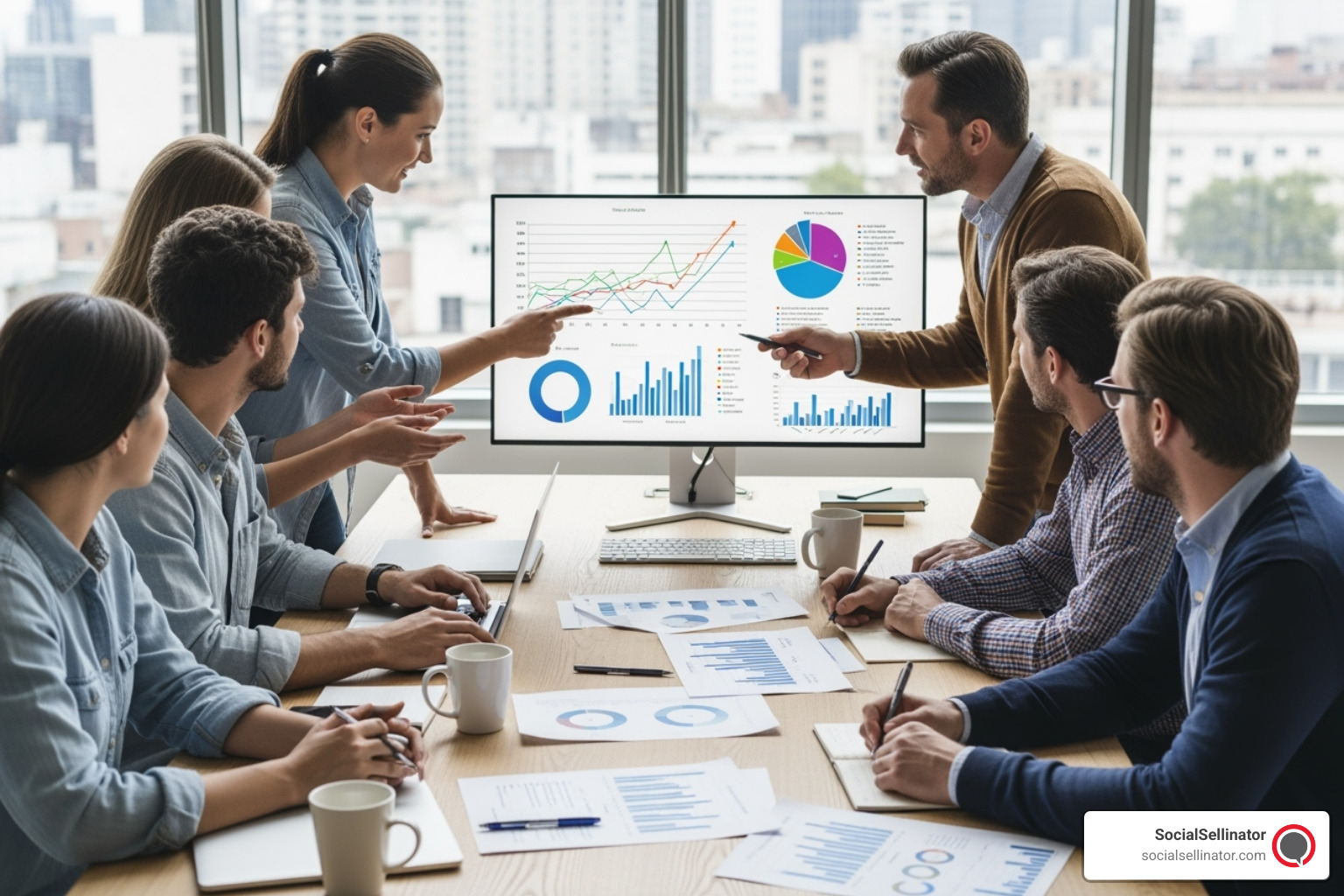 Marketing team collaborating around a desk with charts and graphs - Facebook Ads Agency