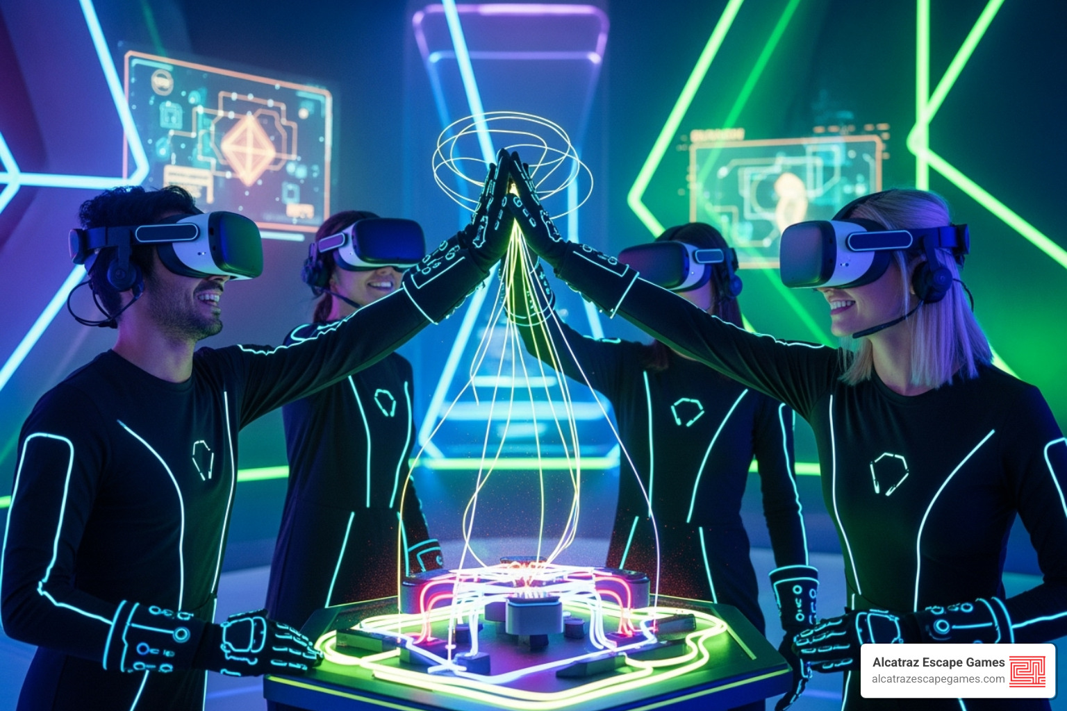 A team high-fiving in a VR environment after solving a puzzle - vr escape game