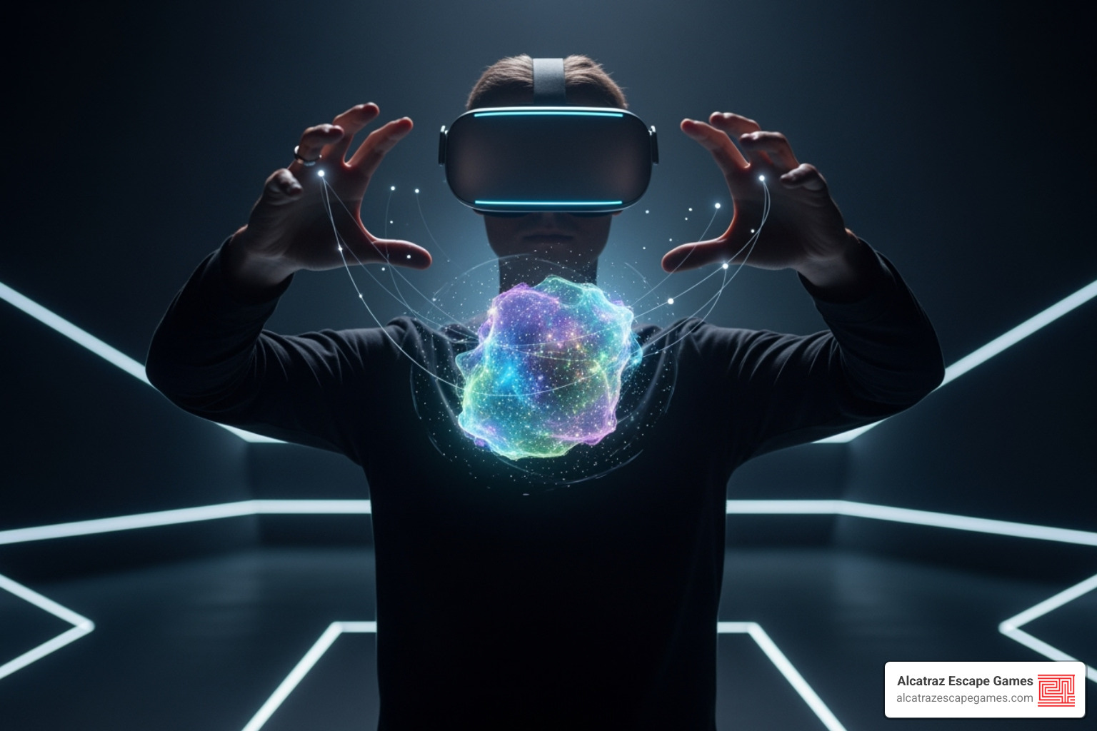 A player interacting with a glowing virtual object - vr escape game