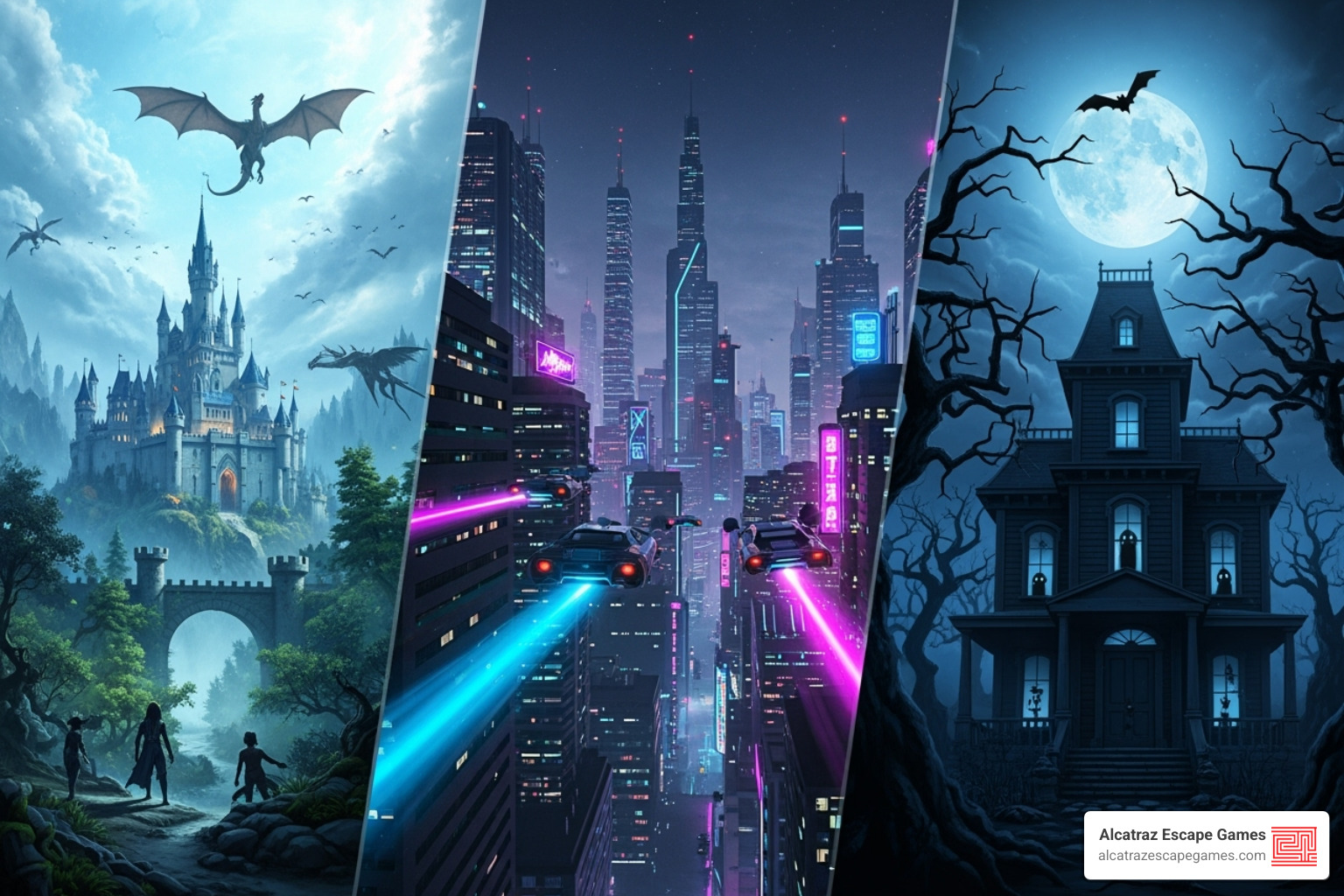 A collage of different VR game environments like fantasy, sci-fi, and horror - vr escape game