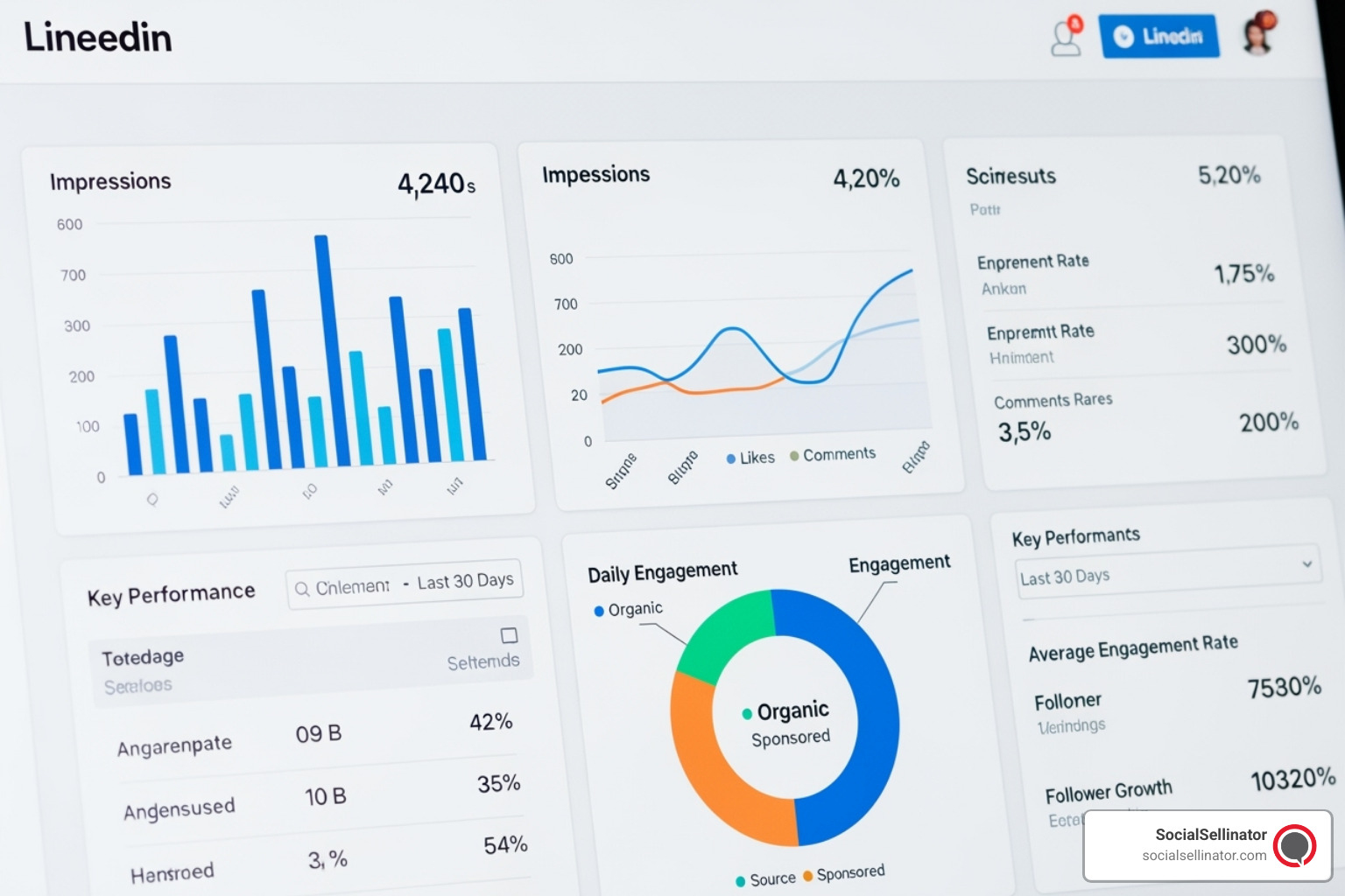 Analytics dashboard visualization showing LinkedIn engagement metrics and growth trends Analytics dashboard visualization showing LinkedIn engagement metrics and growth trends