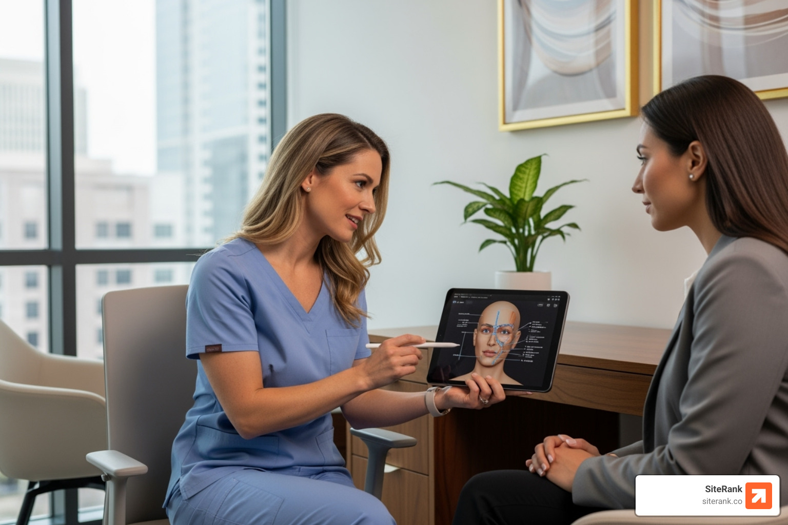 A surgeon consulting with a patient, both looking at a tablet - SEO for plastic surgeons A surgeon consulting with a patient, both looking at a tablet - SEO for plastic surgeons