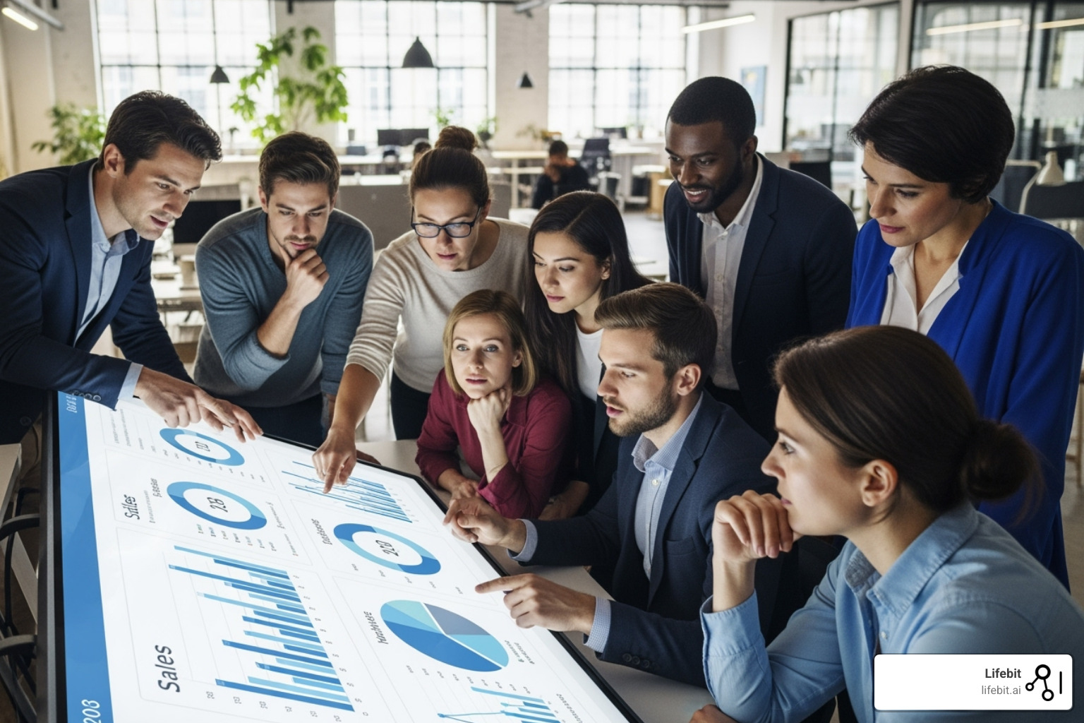 diverse team collaborating around a dashboard showing trusted data insights - Data governance platform diverse team collaborating around a dashboard showing trusted data insights - Data governance platform