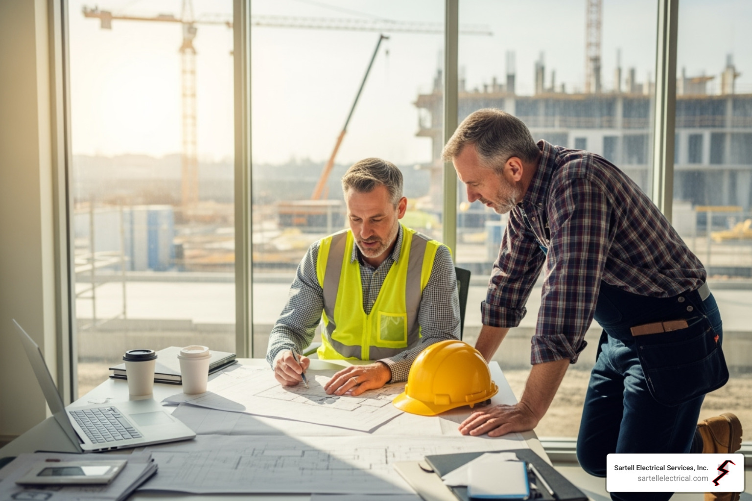 Electrical inspector reviewing plans with a Master Electrician - ma electricians Electrical inspector reviewing plans with a Master Electrician - ma electricians