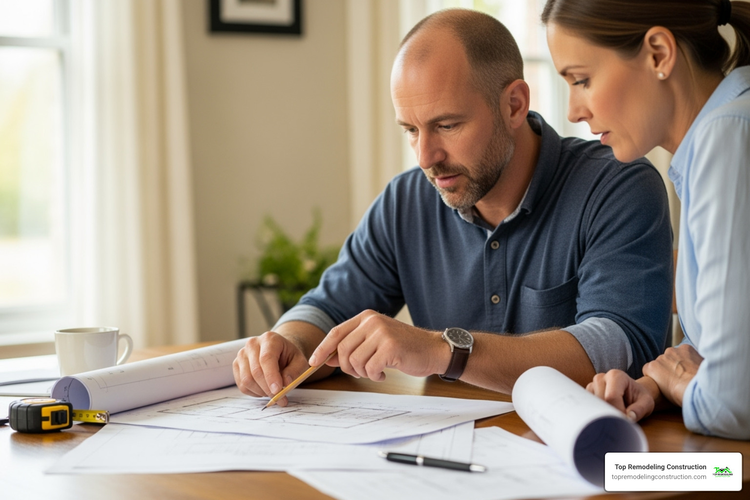 contractor and homeowner reviewing blueprints - kitchen remodeling Las Vegas contractor and homeowner reviewing blueprints - kitchen remodeling Las Vegas