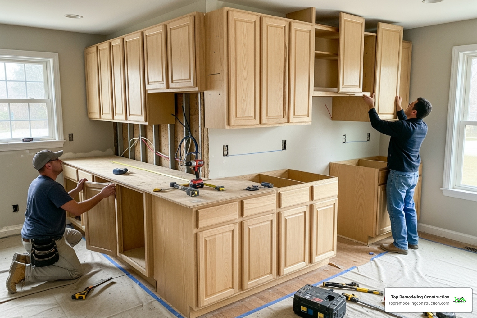 Image of a kitchen mid-renovation showing new cabinet installation - kitchen remodeling company Image of a kitchen mid-renovation showing new cabinet installation - kitchen remodeling company