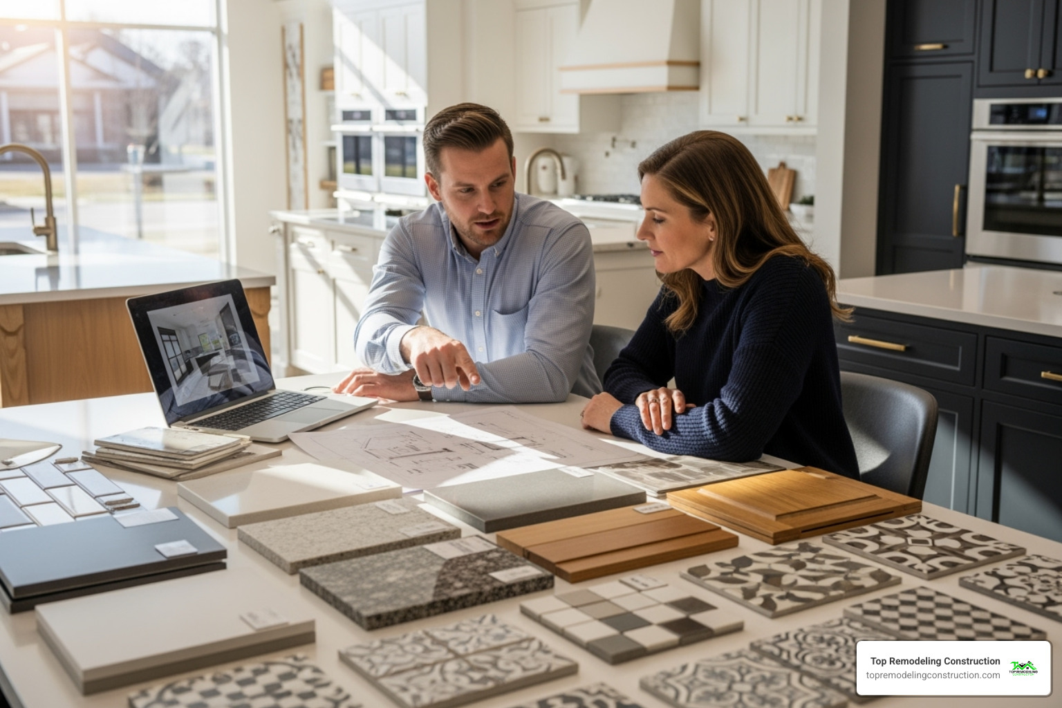 A kitchen designer and client reviewing material samples like countertops, cabinet doors, and tile swatches - kitchen design experts A kitchen designer and client reviewing material samples like countertops, cabinet doors, and tile swatches - kitchen design experts