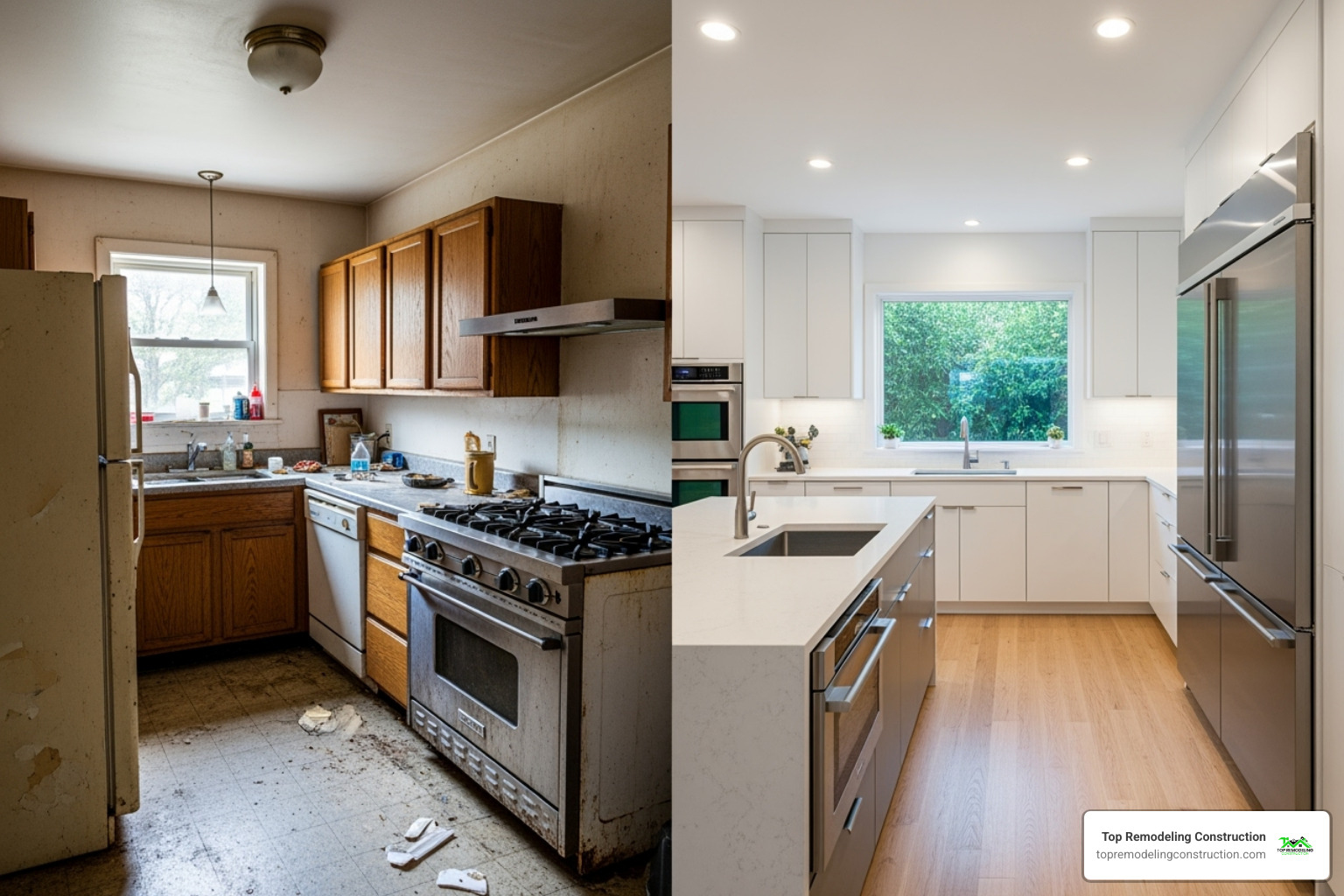 A cramped, outdated kitchen next to its spacious, modern, and functional remodeled version - kitchen design experts A cramped, outdated kitchen next to its spacious, modern, and functional remodeled version - kitchen design experts