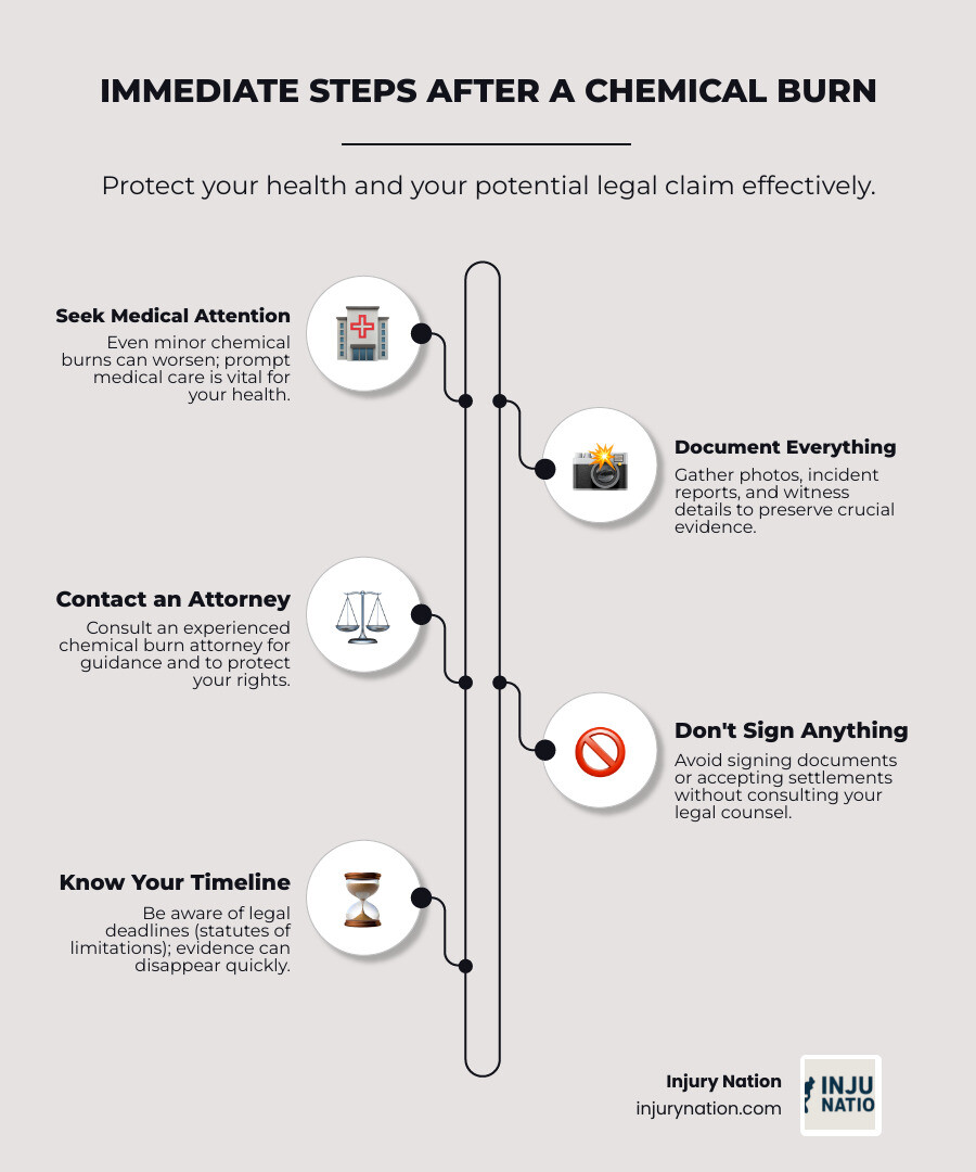 Comprehensive guide showing the difference between thermal burns from heat and chemical burns from corrosive substances, including immediate first aid steps, when to seek emergency care, and key legal considerations for each type of injury - chemical burn injury attorney infographic infographic-line-5-steps-neat_beige