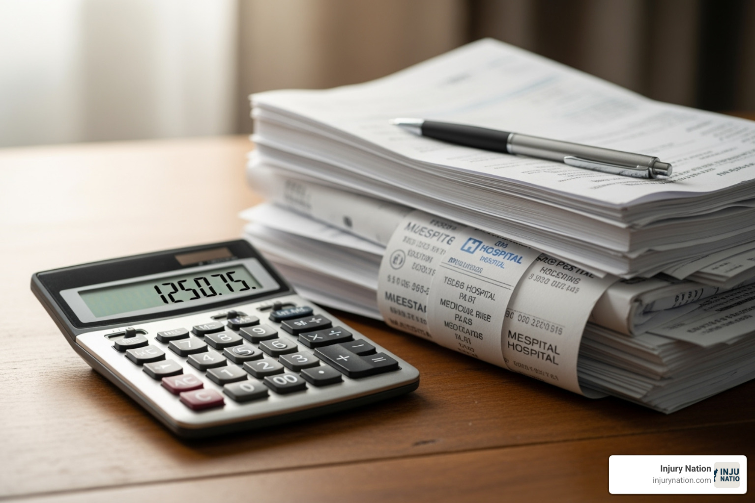 calculator next to a stack of medical bills - chemical burn injury attorney