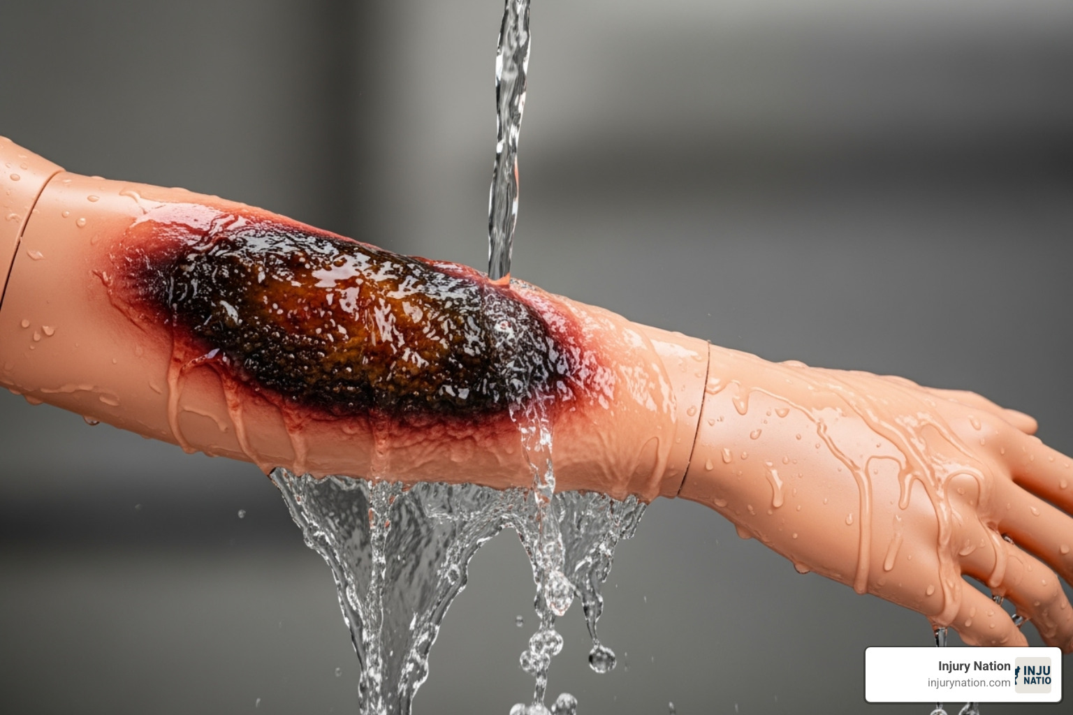running water over a simulated burn on a mannequin's arm - chemical burn injury attorney