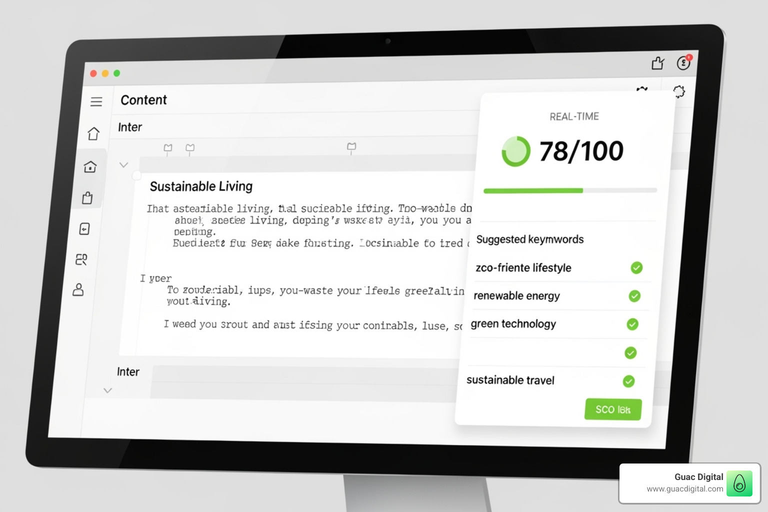 content editor interface showing real-time SEO score and keyword suggestions - seo ai tool