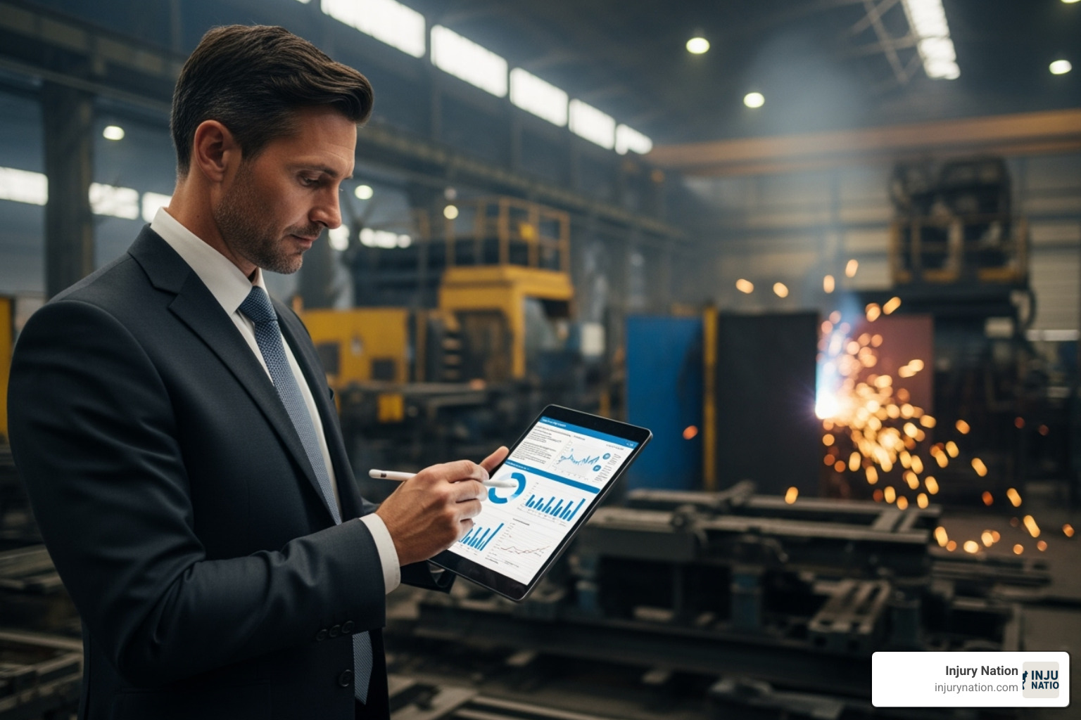 lawyer reviewing safety documents in an industrial setting - chemical burn injury attorney