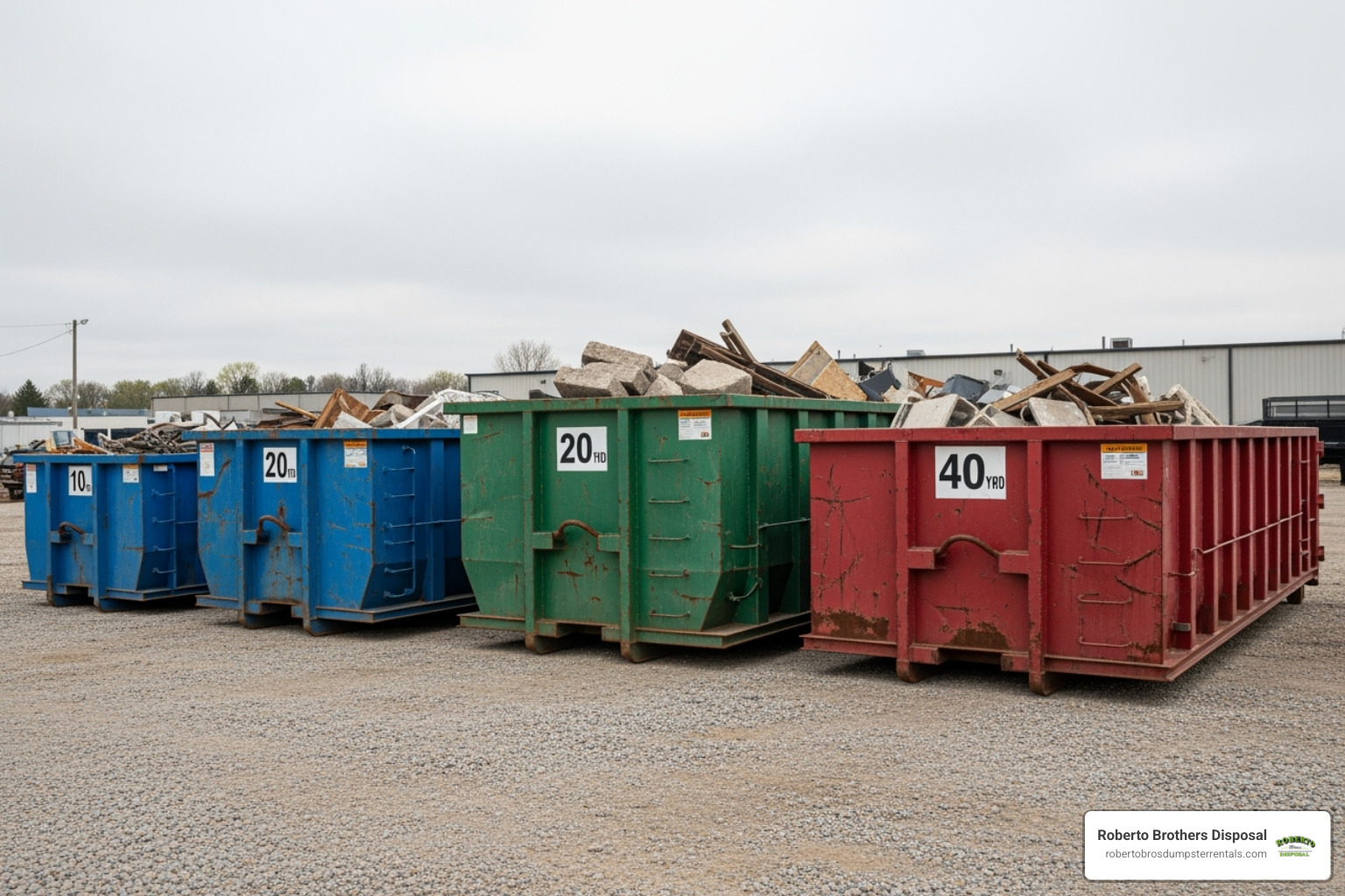 different-sized dumpsters side-by-side - you fill we haul dumpsters