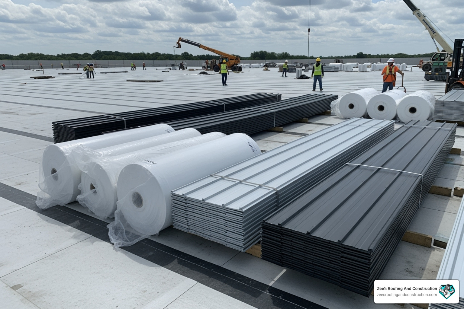 different commercial roofing materials like TPO rolls and metal panels - commercial roofing orlando