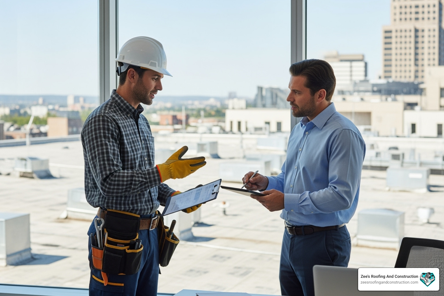 roofer providing quote to business owner - commercial roofing orlando